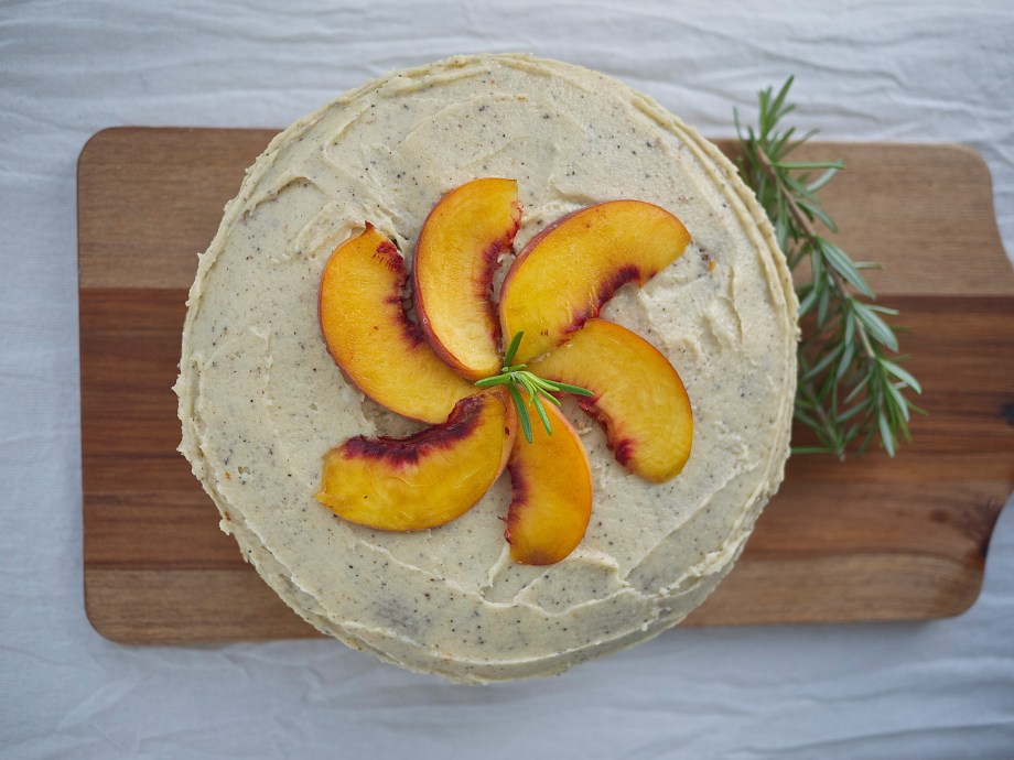 Peach and Rosemary Polenta Cake with Honey Brown Butter{cream} from Kiwi+Peach