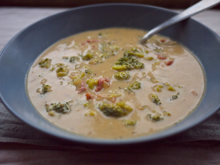 Beer + Bacon Broccoli Cheddar Soup from Kiwi and Peach