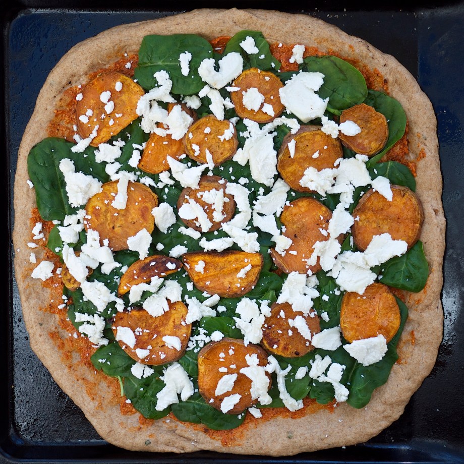 Sweet Potato, Spinach, and Goat Cheese Pizza from Kiwi and Peach